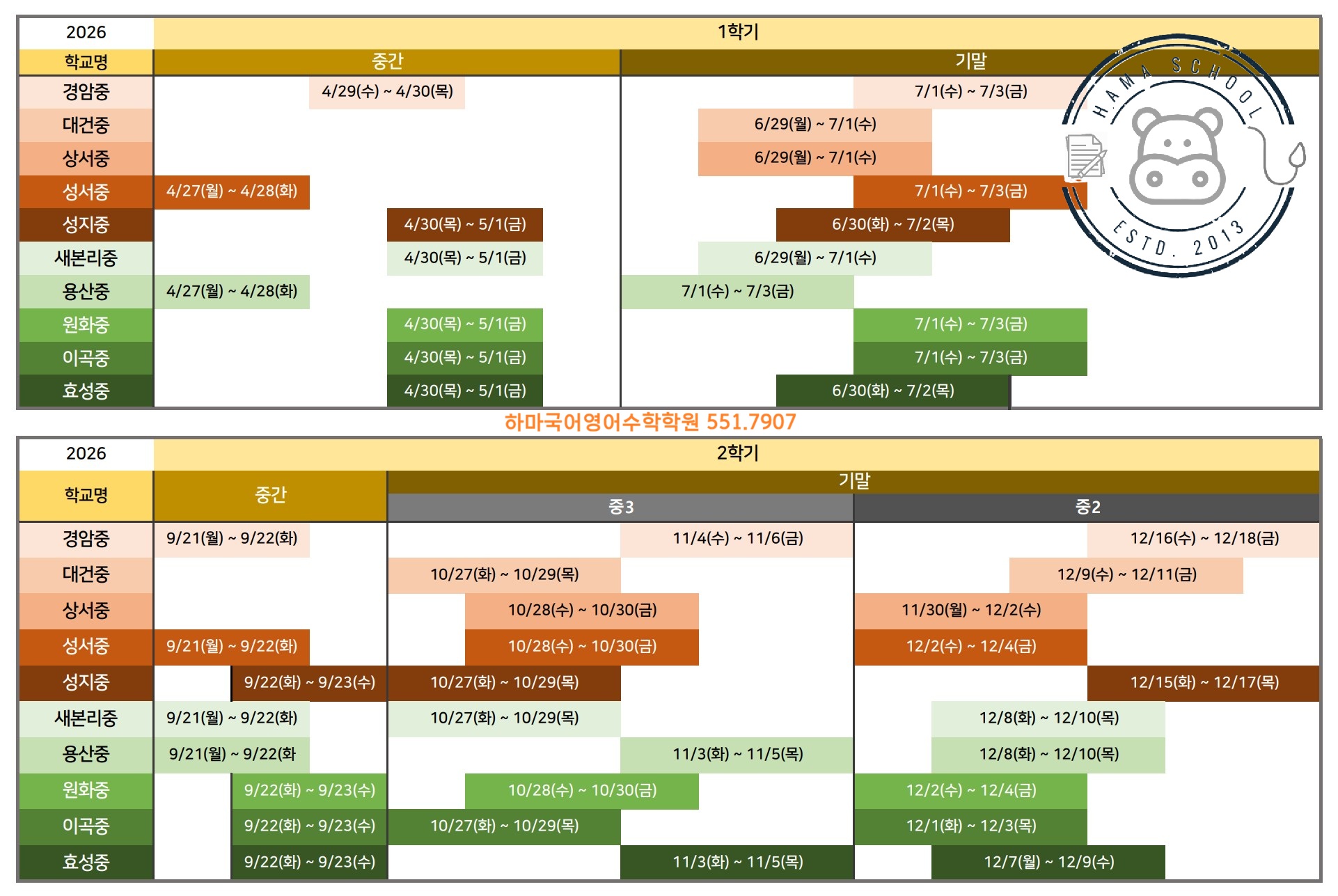 2026년 중고등학교 시험일정